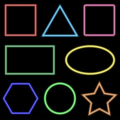 Neon frame set. Illuminated framework shapes, glowing colorful signboard. Vector illustration.