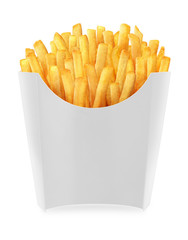 french fries in white carton on white background.
