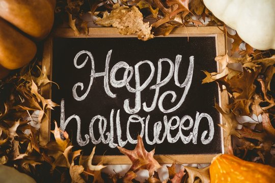 Happy halloween text on slate amidst autumn leaves