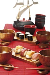 Laid table with sushi