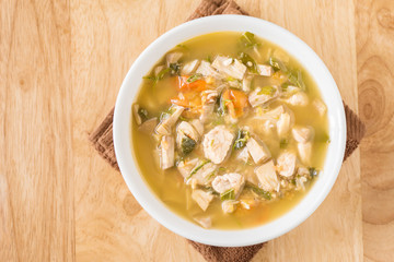 Northern Thai food (Kang Kanoon),spicy young jack fruit soup with pork in a bowl.Top view of food