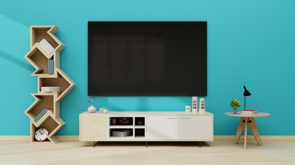 TV in modern empty room blue wall. 3d rendering