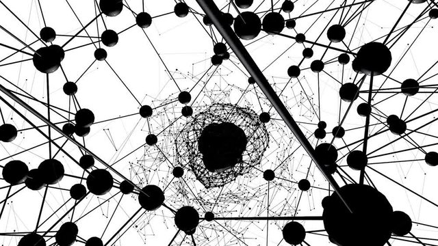 Abstract black and white waving 3D grid or mesh of pulsating geometric objects. Use as abstract sci-fi background. Geometric vibrating environment or pulsating math or chemical background