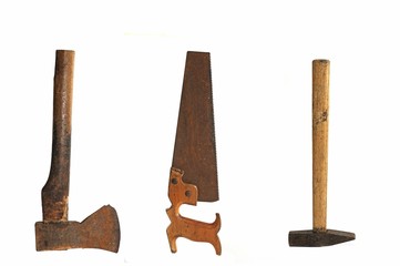 Old tools, axe, saw, hammer