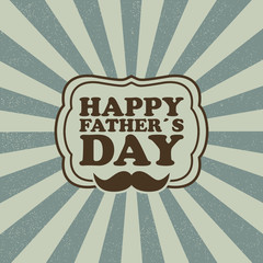 Happy Father`s Day. Greeting card for dad, template for poster, banner, postcard. Illustration on sunburst background with mustache and lettering in frame. Vector.