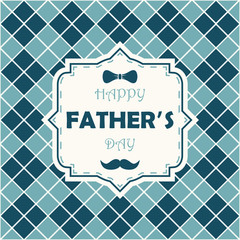 Happy Father`s Day. Greeting card for Dad, template for poster, banner, postcard. Illustration on argyle background with bow-tie, mustache and lettering in frame. Vector.
