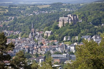Fototapeta na wymiar View over Marburg an der Lahn with the historic town centre in front of the Landgrave's Castle, University Museum of Cultural History and the Lutheran Church, Marburg, Hesse, Germany, Europe
