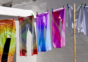 Colorful laundry hanging on a line to dry, Vejer, Andalusia, Spain, Europe