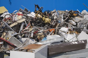 Pile of discarded household and industrial items at a scrap metal recycling centre, Quebec, Canada, North America