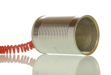 Tin with telephone cable, symbolic image for communications
