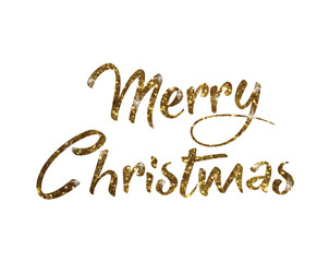 Golden glitter isolated hand writing word Merry Christmas