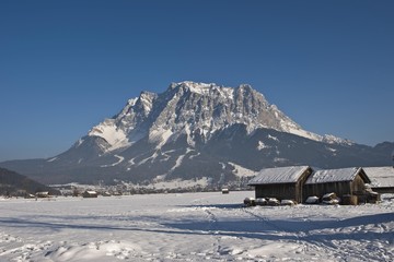 View towards Zugspitze mountain and the small town of Ehrwald, Tyrol, Austria, Europe