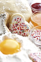 Still life, baking ingredients and Christmas cookies
