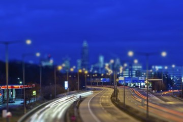View towards Frankfurt from the A 661 motorway, looking towards Messeturm tower and the Frankfurt Messe Trade Fair, tilt-shift effect to give the impression of a miniature model due to reduced depth of field, Frankfurt am Main, Hesse, Germany, Europe