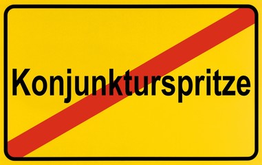 Town exit sign, German lettering Konjunkturspritze, symbolic of end of boost to the economy