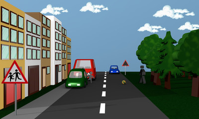 Straßenszene in der Kinder zwischen Autos hindurch einem Ball hinterher auf die Straße rennen.