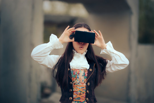 Girl in Costume with VR Glasses in Virtual Reality Concept Portrait