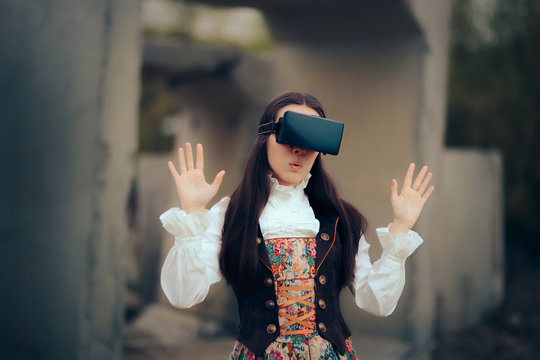 Girl in Costume with VR Glasses in Virtual Reality Concept Portrait