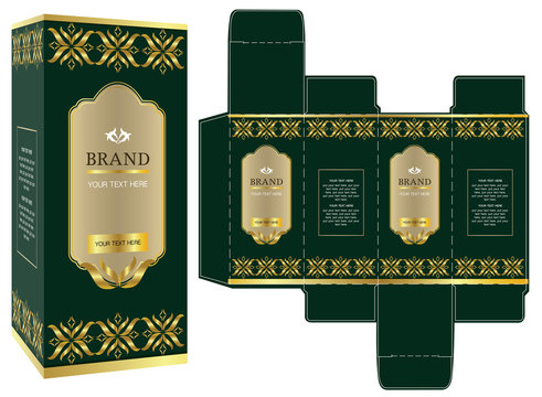 Packaging design, green and gold luxury box design template and mockup box. Illustration vector