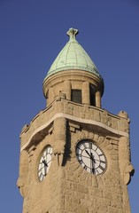 Clock tower at the Landungsbruecken, St. Pauli landing bridges, Port of Hamburg, Hamburg, Germany, Europe
