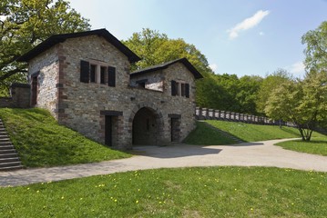 Fototapeta na wymiar Reconstructed Saalburg Roman fort, Limes, UNESCO World Heritage Site, Taunus region, Hesse, Germany, Europe