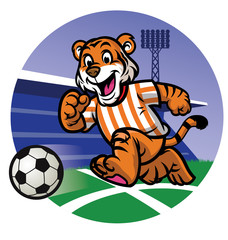 happy tiger kid playing soccer