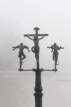 Crucifixion of Jesus Christ, INRI, passage to Mainau island, Lake Constance, Baden-Wuerttemberg, Germany, Europe