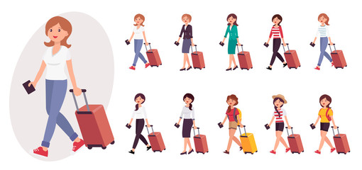 Naklejka premium Cartoon character design female tourist with luggage and passport collection