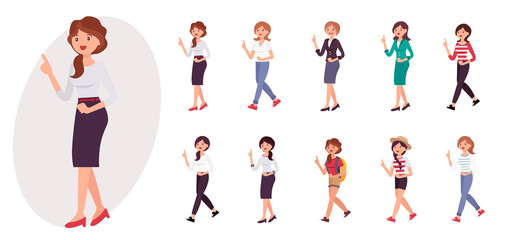 Cartoon character design female woman stand talk with hand pointing something collection