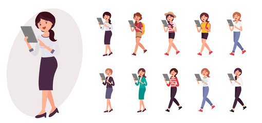 Cartoon character design female office lady standing watching tablet collection