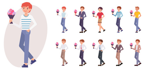 Cartoon character design male young boy stand holding bouquet in casual dress collection