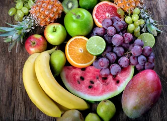 Papier Peint photo Fruits Fond de fruits biologiques frais. Concept d& 39 alimentation saine. Vue de dessus.