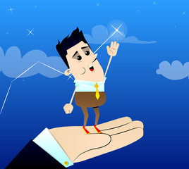 Businessman reaching for the brightest star with a helping hand.Vector cartoon character illustration. Business concept.