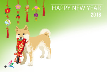 英語賀詞　2018年　年賀状　羽子板を咥える柴犬　吊るし飾り背景