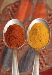 Spices on old spoons, paprika and curry powder