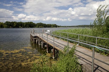 Jetty on lake Dieksee, Bad Malente-Gremsmuehlen, Holstein Switzerland Nature Park, Schleswig-Holstein, Germany, Europe
