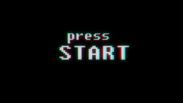 retro videogame press start text on old tv glitch interference screen ... New quality universal vintage motion dynamic animated background colorful joyful cool video footage