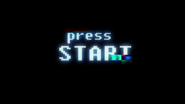 retro videogame press start text on old tv glitch interference screen ... New quality universal vintage motion dynamic animated background colorful joyful cool video footage
