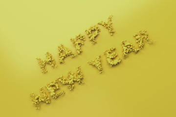 Liquid yellow Happy New Year words with drops on yellow background