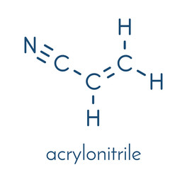 Acrylonitrile molecule, polyacrylonitrile (PAN) and ABS plastic (acrylonitrile butadiene styrene) building block. Skeletal formula.