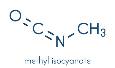 Methyl isocyanate (MIC) toxic molecule. Important chemical that was responsible for thousands of deaths in the Bhopal disaster. Skeletal formula.