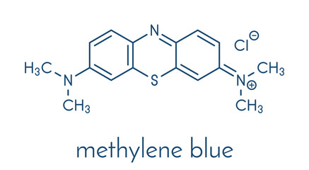 Methylene blue (methylthionium chloride) dye molecule. Skeletal formula.