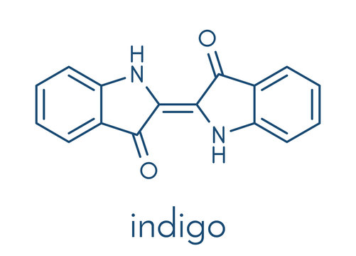 Indigotin indigo dye molecule. Used to color cotton in the production of denim cloth for blue jeans. Skeletal formula.