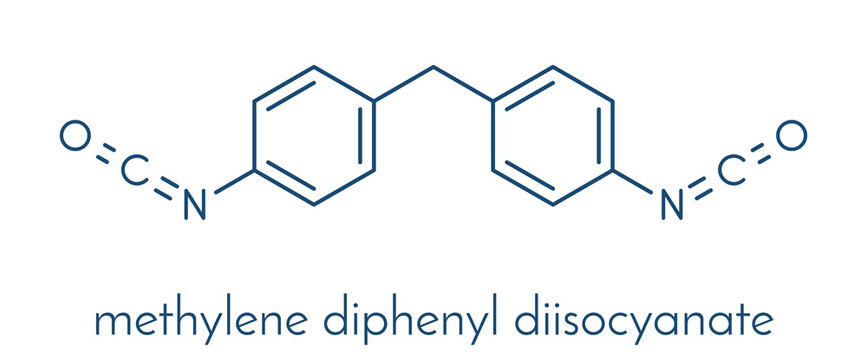 Methylene diphenyl diisocyanate molecule (MDI), polyurethane (PU) building block. Skeletal formula.
