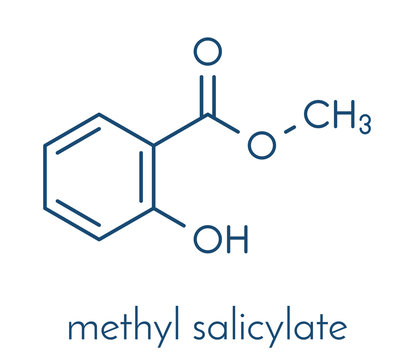 Methyl salicylate (wintergreen oil) molecule. Acts as rubefacient. Used as flavoring agent and fragrance. Skeletal formula.