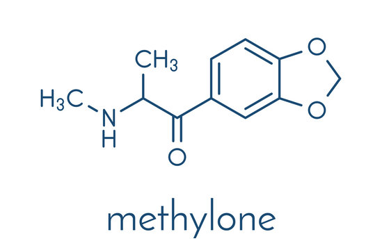 Methylone (bk-MDMA) stimulant molecule. Used as recreational drug. Skeletal formula.