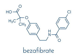 Bezafibrate hyperlipidemia drug molecule (fibrate class). Skeletal formula.