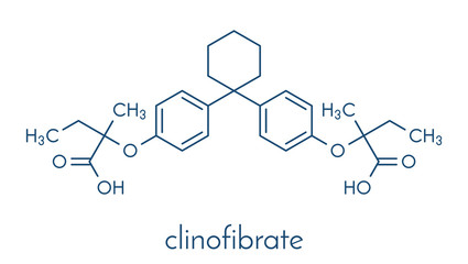 Clinofibrate hyperlipidemia drug molecule (fibrate class). Skeletal formula.