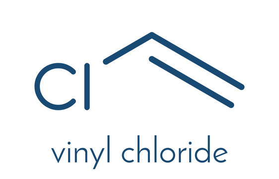 Vinyl chloride, polyvinyl chloride (PVC) plastic building block. Skeletal formula.
