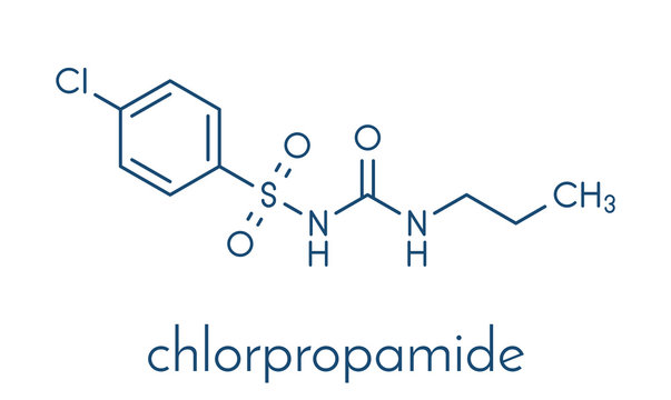 Chlorpropamide diabetes drug molecule. Skeletal formula.